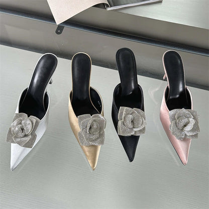 Designer Crystal Flower Silk Pointed Toe Slippers Thin Heels Party Dress Mule Shoes