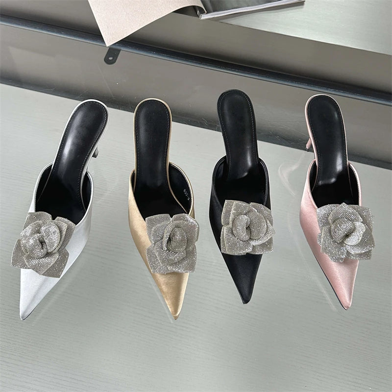 Designer Crystal Flower Silk Pointed Toe Slippers Thin Heels Party Dress Mule Shoes