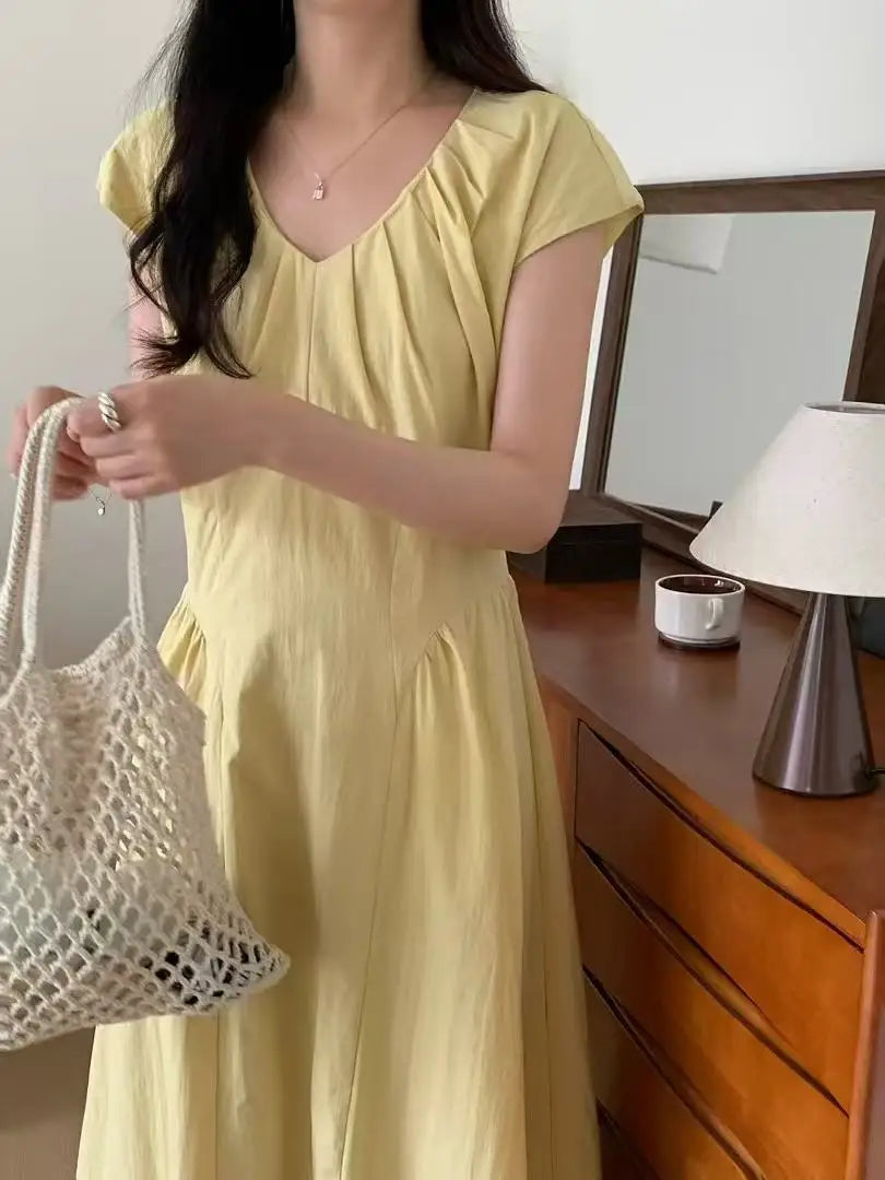French Retro Patchwork Contrasting Short Sleeved Dress Summer New Design Slimming Waist Long Dresses