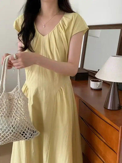 French Retro Patchwork Contrasting Short Sleeved Dress Summer New Design Slimming Waist Long Dresses
