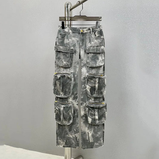 Jeans High Waist Multi Pocket Loose Camouflage Denim Cargo Pants Summer New