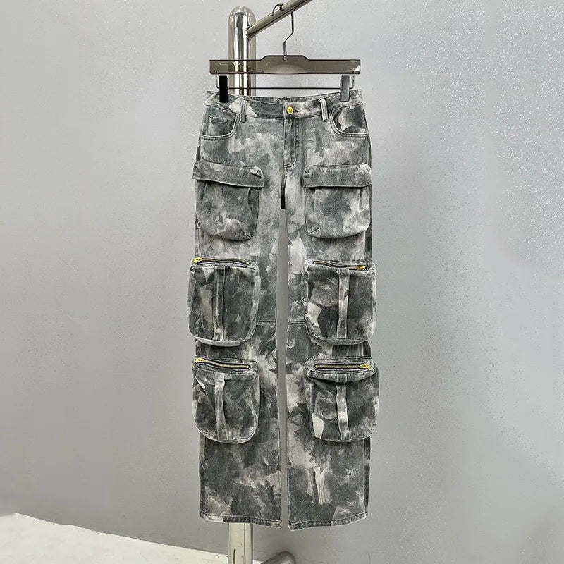 Jeans High Waist Multi Pocket Loose Camouflage Denim Cargo Pants Summer New