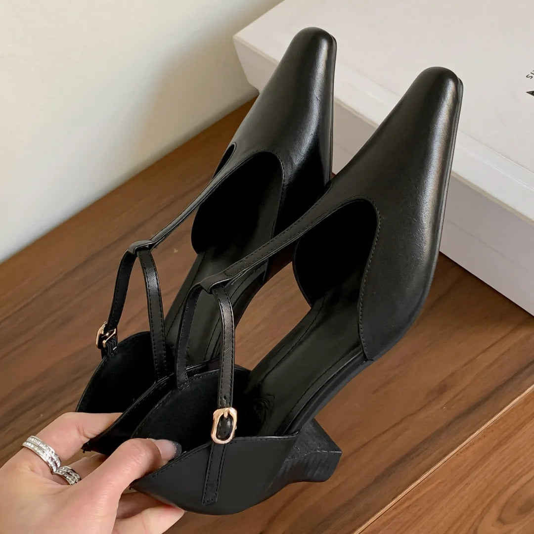 Cow Leather Kitten Heel Pointed Toe Tstrap Pumps Retro Gradient Color Evening Dress Sandals Shoes Woman