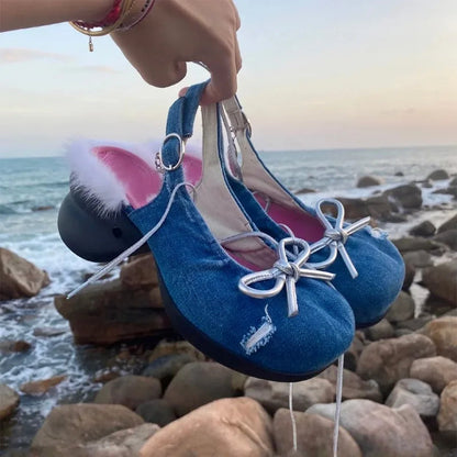 Denim Chunky Heel Bow Mary Jane Sandals Buckle Metal Decoration Square Toe Lace Up Pumps Shallow Wrinkled Woolen Shoes