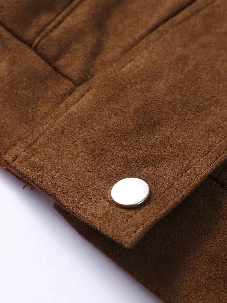 Zipper Suede Cargo Jacket Coat Button Lapel Maillard Slimming Workwear Leather Jackets Short Outwear Commute Overcoat