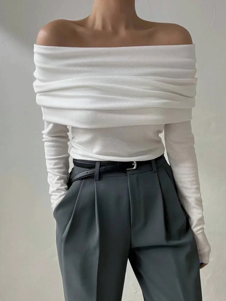 Sweater Knit Pullover Backless Slim Bandeau Cropped Top Off-shoulder Autumn Knitwear Top