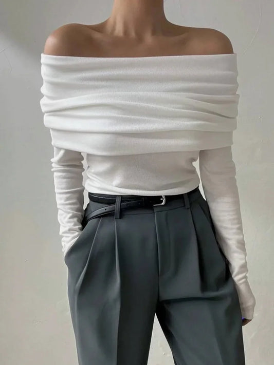 Sweater Knit Pullover Backless Slim Bandeau Cropped Top Off-shoulder Autumn Knitwear Top