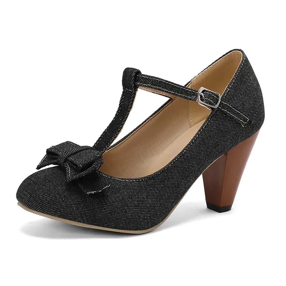 48 Brand New Round Toe Chunky Heel Pumps Bow Buckle Summer Party Shoes
