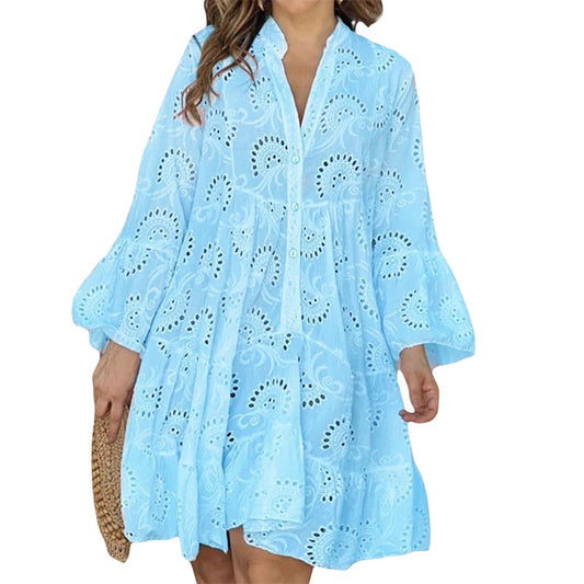 Beach Dress Embroidery Lace Eyelet Hollow Out 3/4 Sleeve Single Breasted Mini Dress Y2k Vacation Dresses