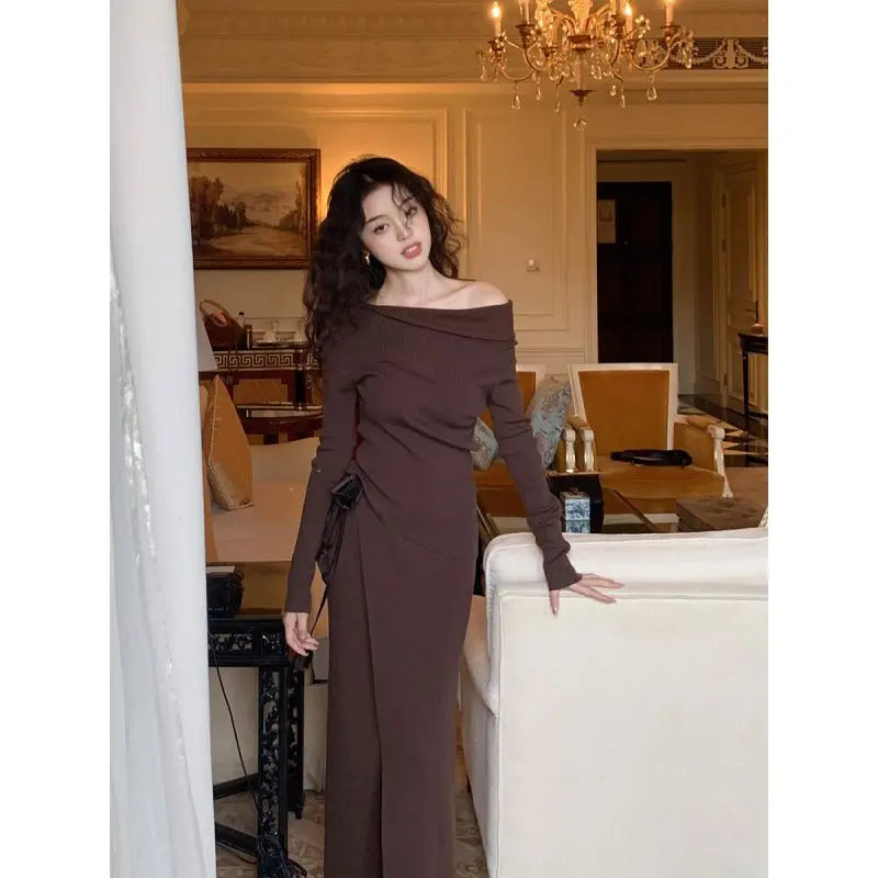 Sweater Skirt Sets Retro Skew Collar Irregular Pull Femme+3d Bandage Slim Bodycon Skirts