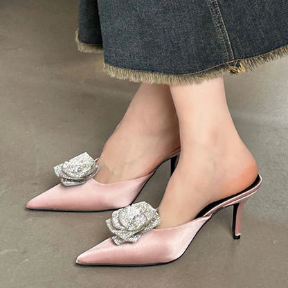 Designer Crystal Flower Silk Pointed Toe Slippers Thin Heels Party Dress Mule Shoes
