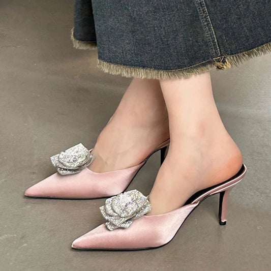 Designer Crystal Flower Silk Pointed Toe Slippers Thin Heels Party Dress Mule Shoes
