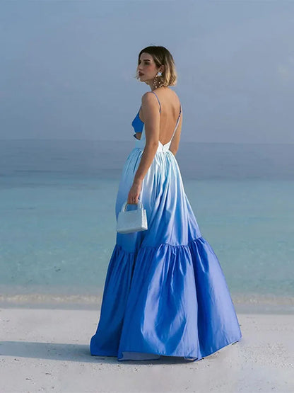 Pleated Hollow Out Long Dress for Patchwork Sleeveless Backless Dresses Vacation Lady Evening Party Robe