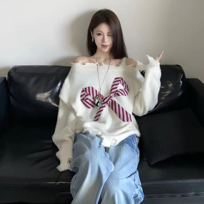 Slash Neck Sweater Harajuku Oversized Bow Knitted Pullovers Korean Off Shoulder Knitwear Aesthetic Long Sleeve Jumpers New