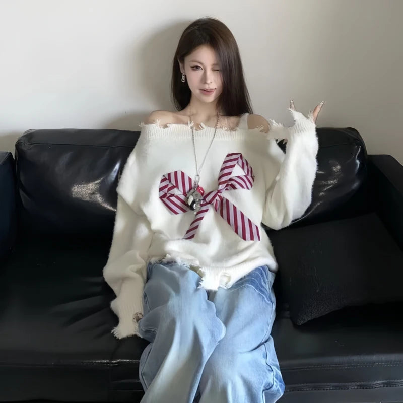 Slash Neck Sweater Harajuku Oversized Bow Knitted Pullovers Korean Off Shoulder Knitwear Aesthetic Long Sleeve Jumpers New
