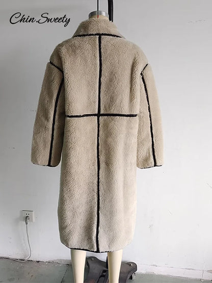 Beige Faux Fur Long Coat Winter Buttons Lapel Long Sleeve Lamb Fleece Jacket New Lady Loose Street Outerwear
