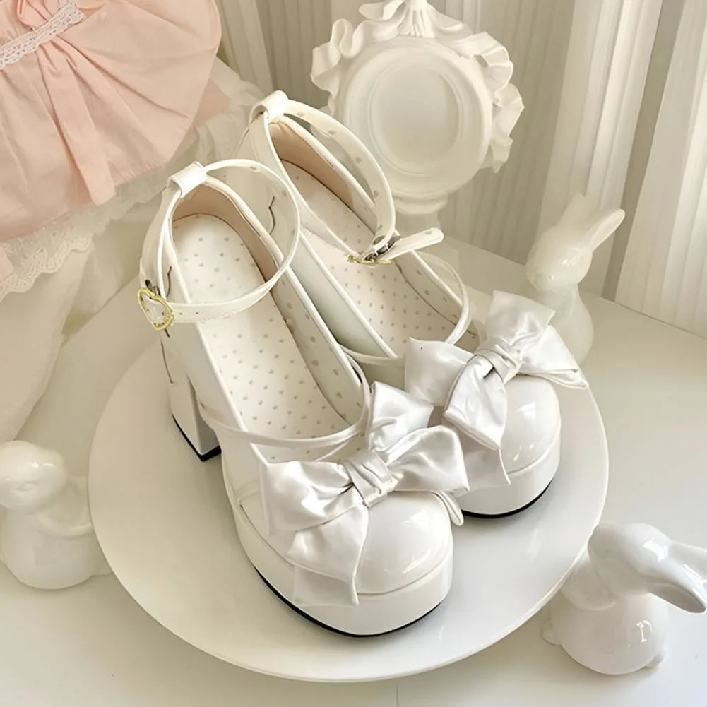Lolita Bow Bow Decor Pumps Platform Chunky High Heels Ankle Strap Sweet Pumps for Girl Shoes