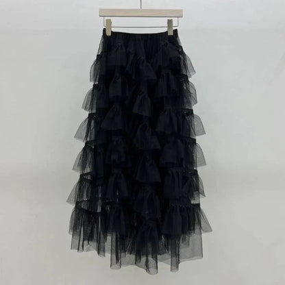 High Street Pleated Loose Midlength Skirt Summer New Korean Color All Match Mesh Aline Skirt