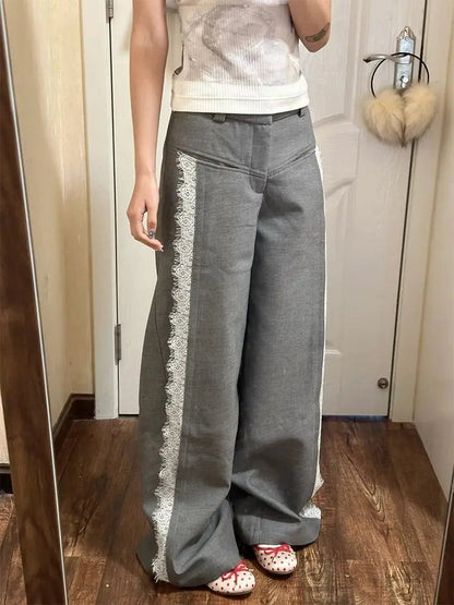 Lace Suit Pants for Y2k Baggy Spliced High Waist Wide Leg Trousers Oversize Office Harajuku Causal Pantalon