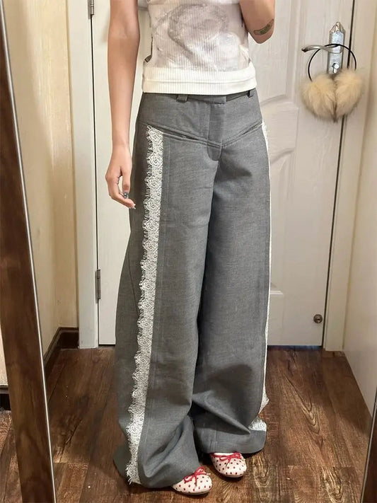Lace Suit Pants for Y2k Baggy Spliced High Waist Wide Leg Trousers Oversize Office Harajuku Causal Pantalon