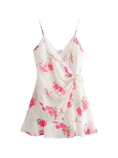 Summer Mini Dress Woman Print Vneck Slip Dresses Female Spaghetti Strap Laceup Slim Dress