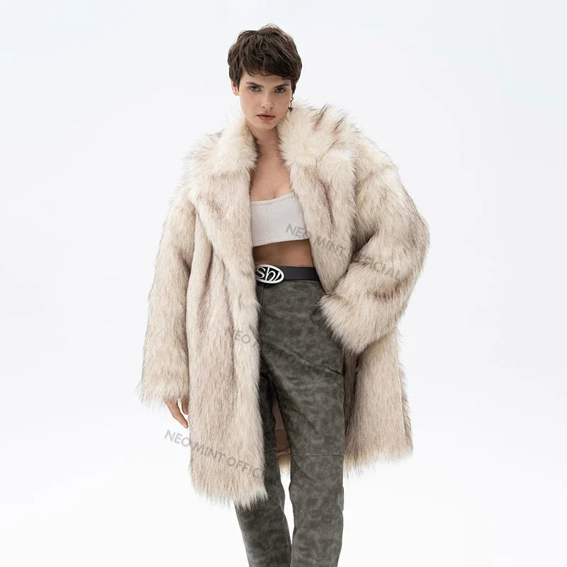 Brand Fluffy Faux Fur Jacket Winter Long Thicken Warm Gradient Fox Fur Coat Furry Overcoat