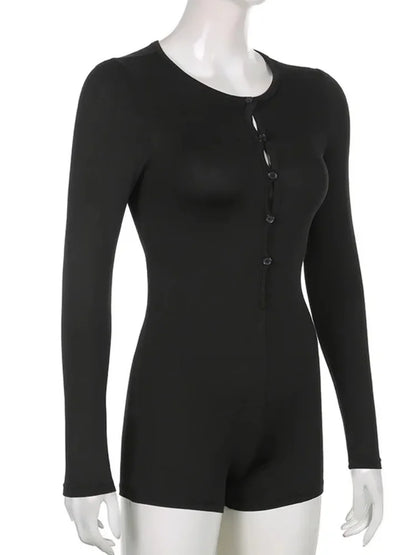 Black Jumpsuit Slim Fit Long Sleeve Romper Clothes One Piece Playsuit Overalls V-neck Buttons