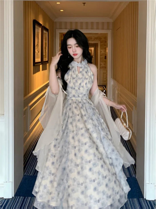 New Strapless Sleeveless White Chiffon Long Dress French Retro Fairy Tale Princess Dress Ruffled Fluffy Dress