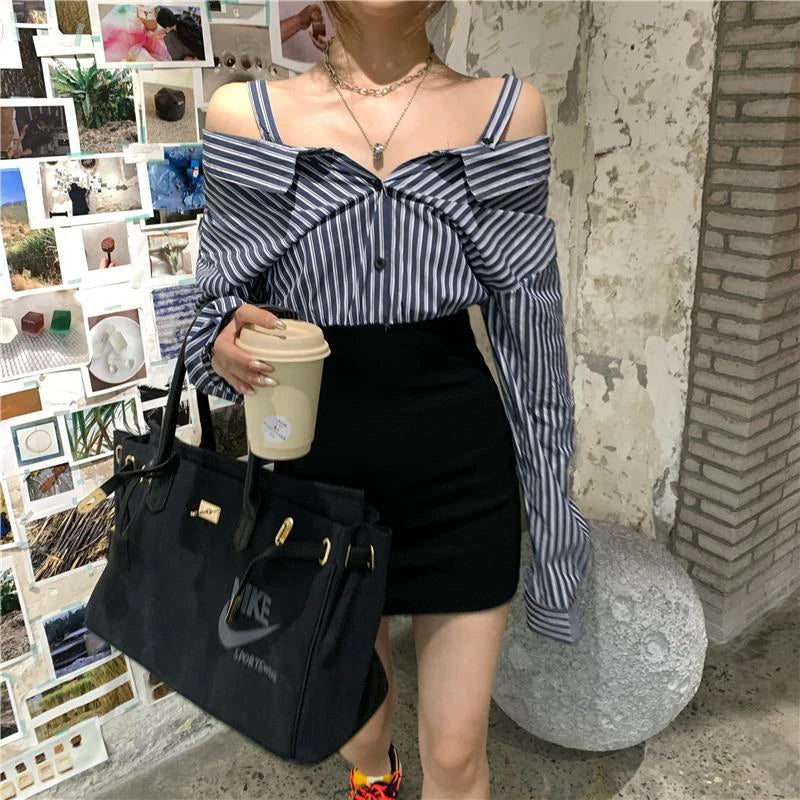 Slash Neck Mini Dress Korean Striped Patchwork Hip Wrap Dresses Long Sleeve Bodycon Design Vestidos New