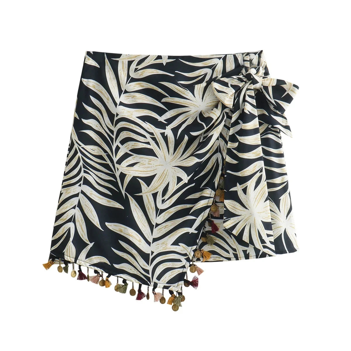 Summer Asymmetric Tassel Mini Skirts Printed Zipper Short Skirt Wrinkle Female Wrap Skirt