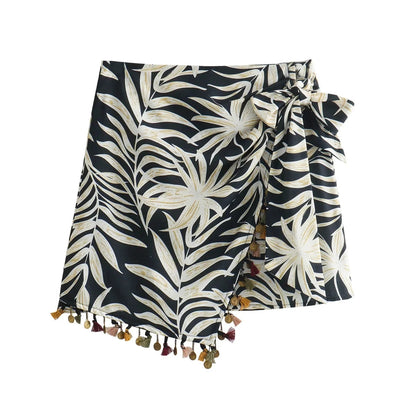 Summer Asymmetric Tassel Mini Skirts Printed Zipper Short Skirt Wrinkle Female Wrap Skirt