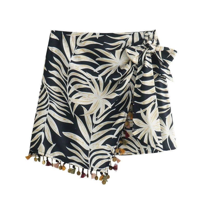 Summer Asymmetric Tassel Mini Skirts Printed Zipper Short Skirt Wrinkle Female Wrap Skirt