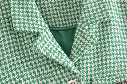 Retro French Style Green Check Plaid Weavon Cropped Blazer Notched Metal Buckle Buttons High Waist Suit Short Coat Outwear