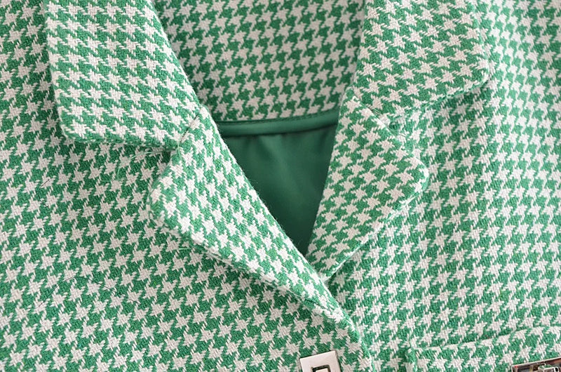 Retro French Style Green Check Plaid Weavon Cropped Blazer Notched Metal Buckle Buttons High Waist Suit Short Coat Outwear