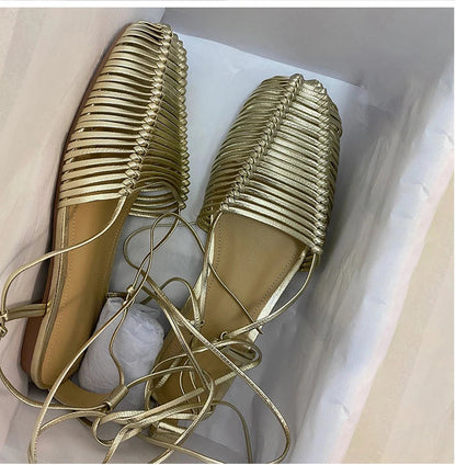 Woven Hollow Strap Sandals Roman Sandals Summer Flat Toe Comfortable Woven Sandals Holiday Party Shoes