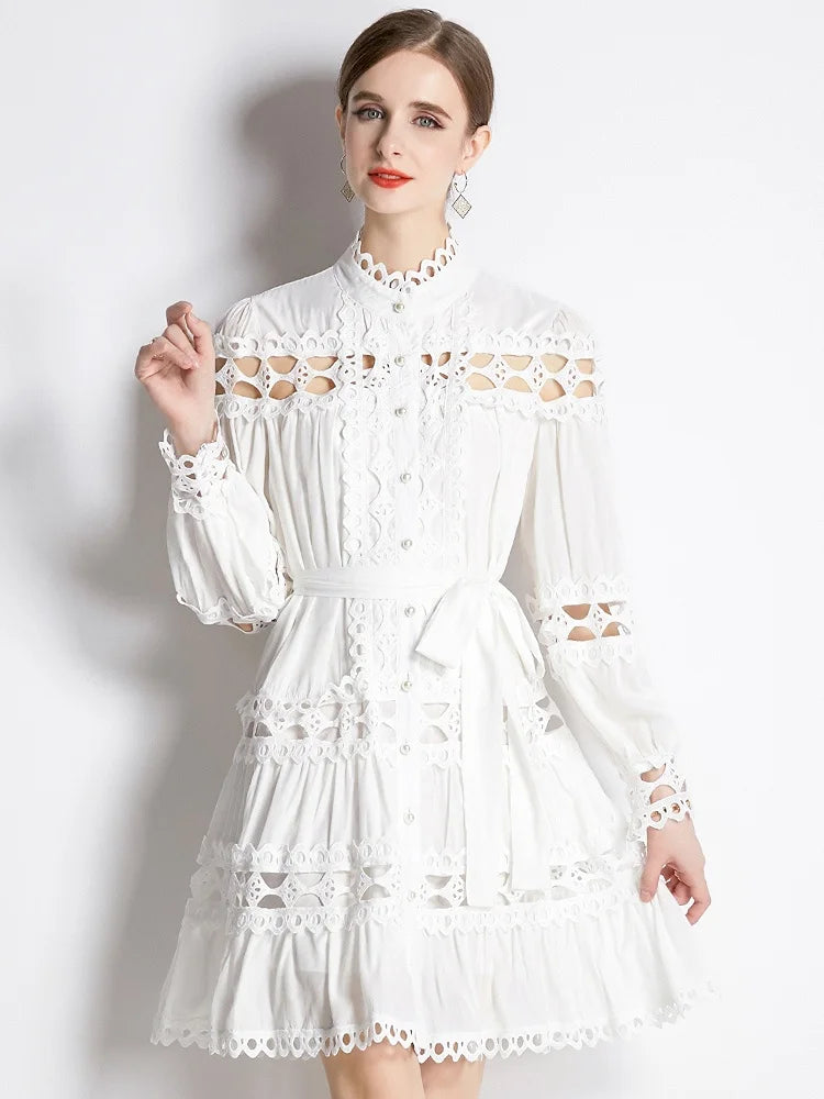 Stand Collar Single Breasted Dresses Spring and Autumn Hollow Out Embroidery Lace Trims White Mini Dress