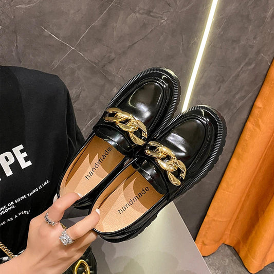 Shoes Spring New Relly Leather Loafers Retro Bite Thicksoled Nonslip Round Toe Shoes