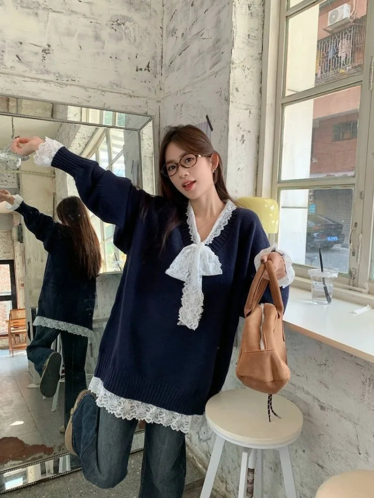 Knitted Sweater Lace Patchwork Bow V Neck Autumn Winter Pullover Long Sleeve Loose Stretch Female Jumper