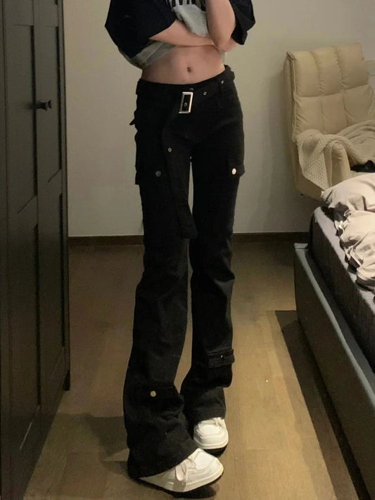 Woman Stretch Jeans Low Waist Denim Floorlength Multiple Pockets Dark Academia Pants Baddie Style Japanese