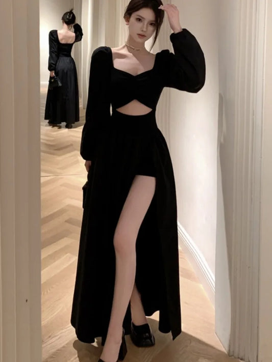 Black Long Dresses for Long Sleeve Square Collar Hollow Out High Slit Evening Party Dress Prom Robe Vestidos Mujer