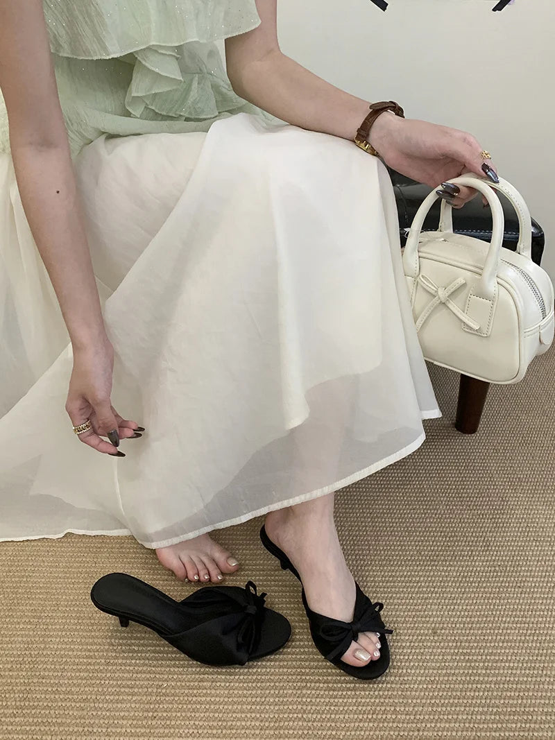 Summer Silk Butterfly Knot Slippers Sandals Shallow Open Toe Thin Low Heels Mules Slides Shoes Zapatos Mujer