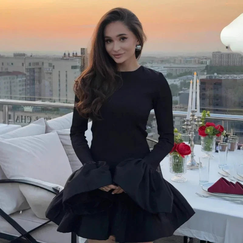 Knitted Mini Dress Female Long Sleeves Gown Flare Sleeves Spliced Autumn Winter Dress A-line Sweet Bodycon Clothes