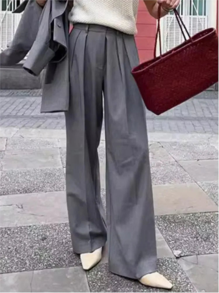 New Autumn Gray Straight Pant Cotton Blend Color High Wiast Loose Woman Trouser Simple Female Clothing New