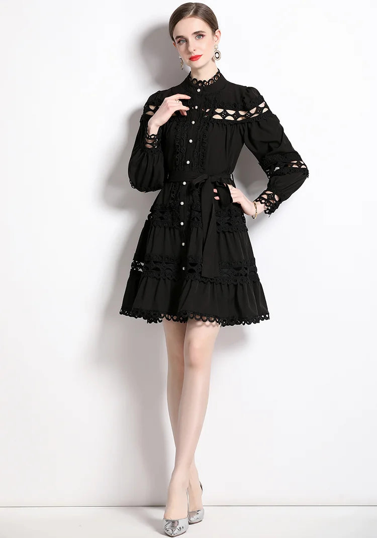 Stand Collar Single Breasted Dresses Spring and Autumn Hollow Out Embroidery Lace Trims White Mini Dress