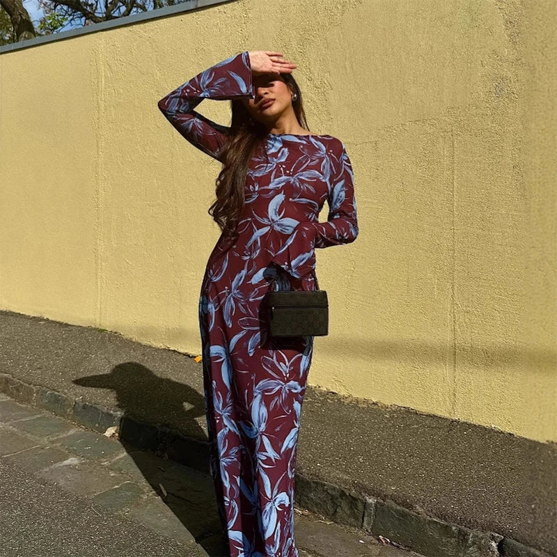 Retro Printed O-neck Holiday Dress Full Sleeve Waist-cinching Long Dresses Female Summer Street Vestidos