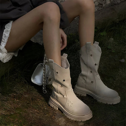 Western Cowgirl Boots Western Chunky Heel Round Toe Platform Star Hollow Retro Cowboy Mid Calf Boots for Shoes