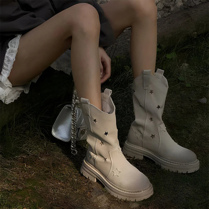 Western Cowgirl Boots Western Chunky Heel Round Toe Platform Star Hollow Retro Cowboy Mid Calf Boots for Shoes