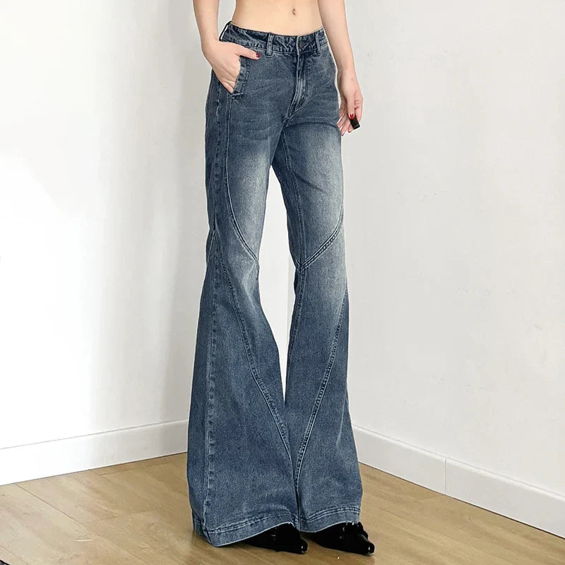 Y2k Low Waisted Washed Flare Jeans Korean Blue Slim Fit Denim Pants Lady Boot Cut Trousers