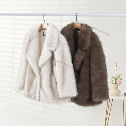 Winter Faux Fur Coat Brand Fluffy Fox Fur Outerwear Overcoat Girl Street Style Furry Warm Jacket