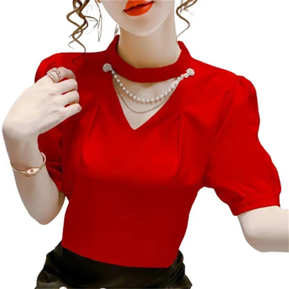 Summer Style Blouses Shirts Lady Puff Short Sleeve Beading O-neck Pearl Blouses Tops
